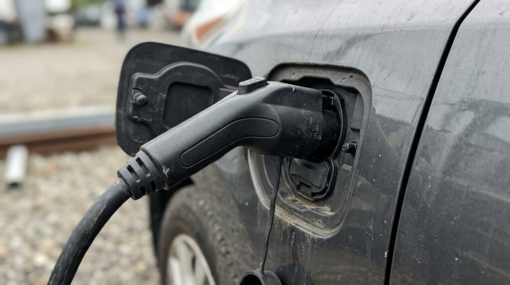 充電ケーブルを差し込んだ電気自動車の充電ポートの接写