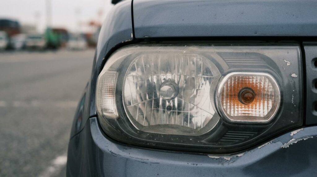 船積みを待つ中古車のヘッドライト周りに寄った写真