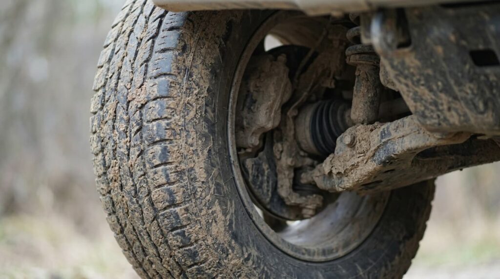 泥の付いた四輪駆動車のタイヤと足回り
