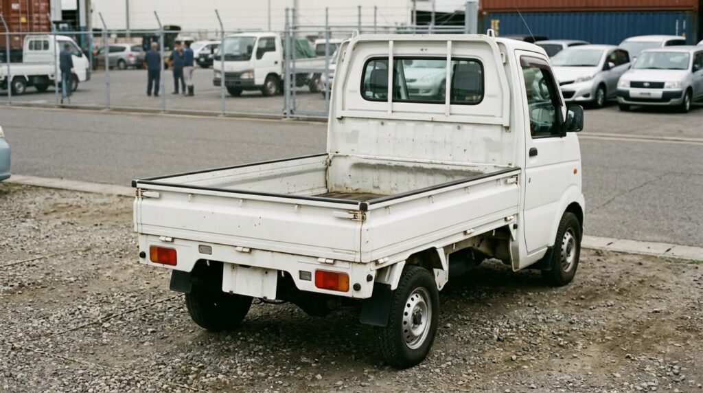 ヤードに停められた荷台が空の軽トラックを斜め後ろから見た様子