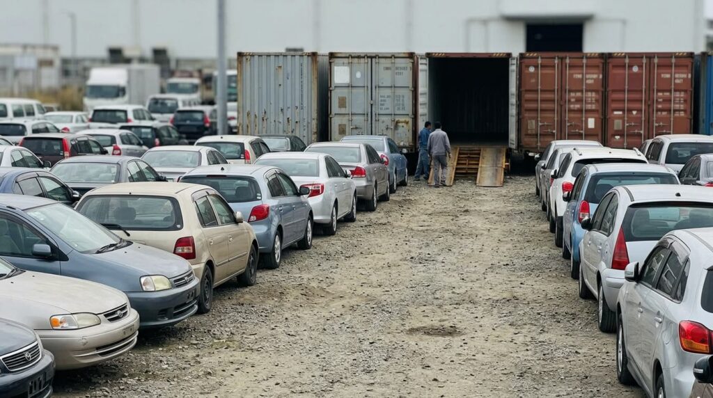 輸出用ヤードに並ぶ中古車と、奥に置かれた輸送用コンテナ