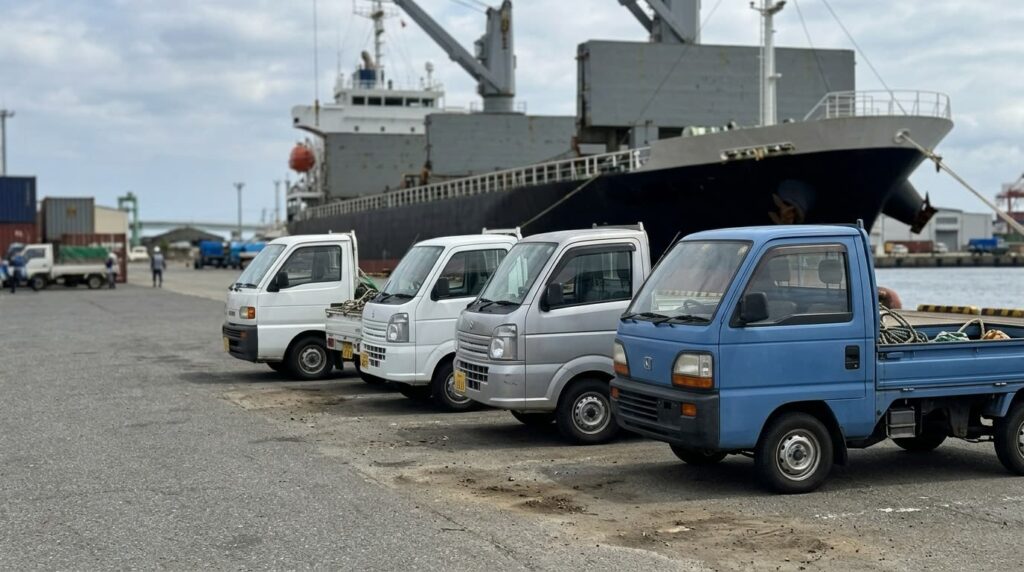 岸壁に並んだ軽トラックと奥の貨物船