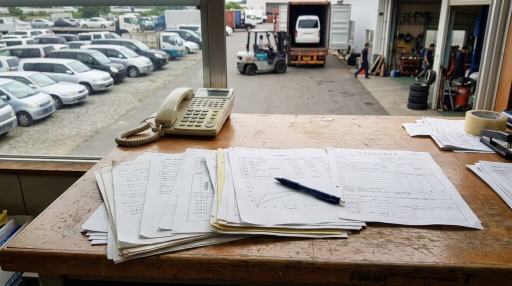 机に広げた書類とボールペン、奥に電話機