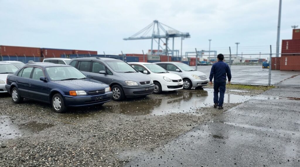 展示場に並ぶ中古車を少し離れて写した様子