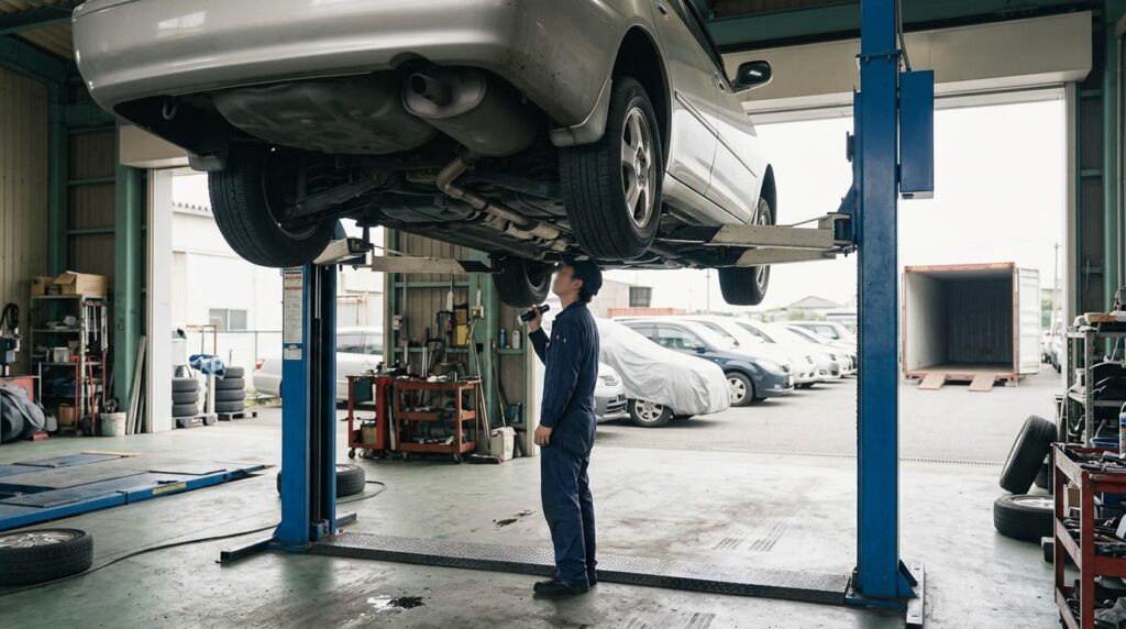 整備場のリフトに上げられた車の下回りを、離れた位置から見上げて確認している作業員