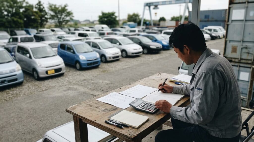 机の上の価格表と電卓を前に、ペンで数字を書き込みながら買取価格を計算している様子