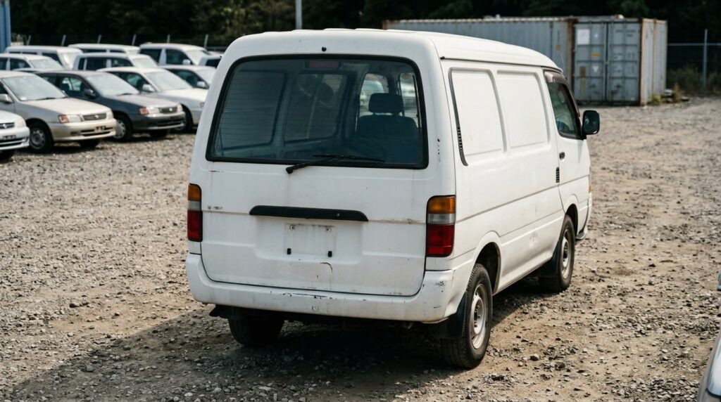 未舗装の道に停まった中古のワンボックスバン