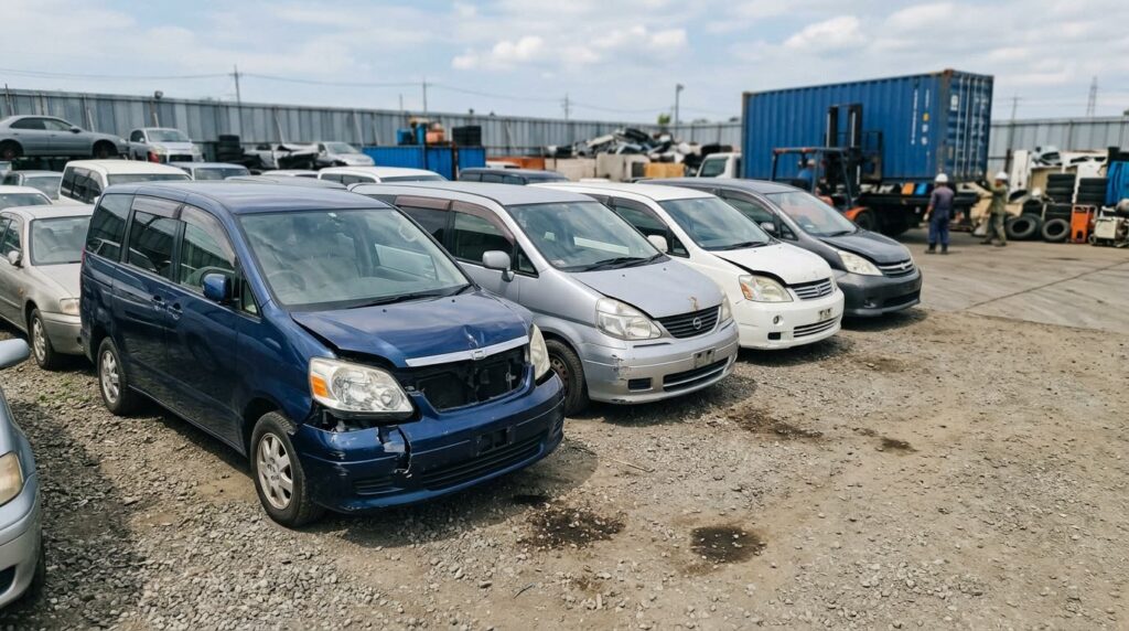 ヤードに並ぶ前部損傷の中古車
