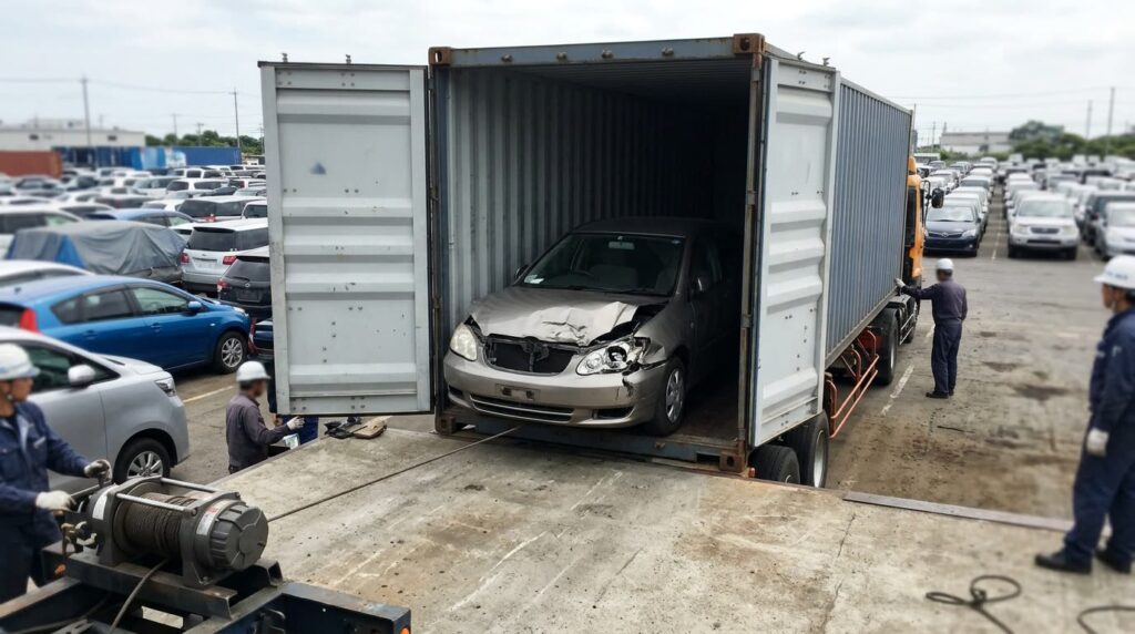 コンテナに引き込まれる不動車