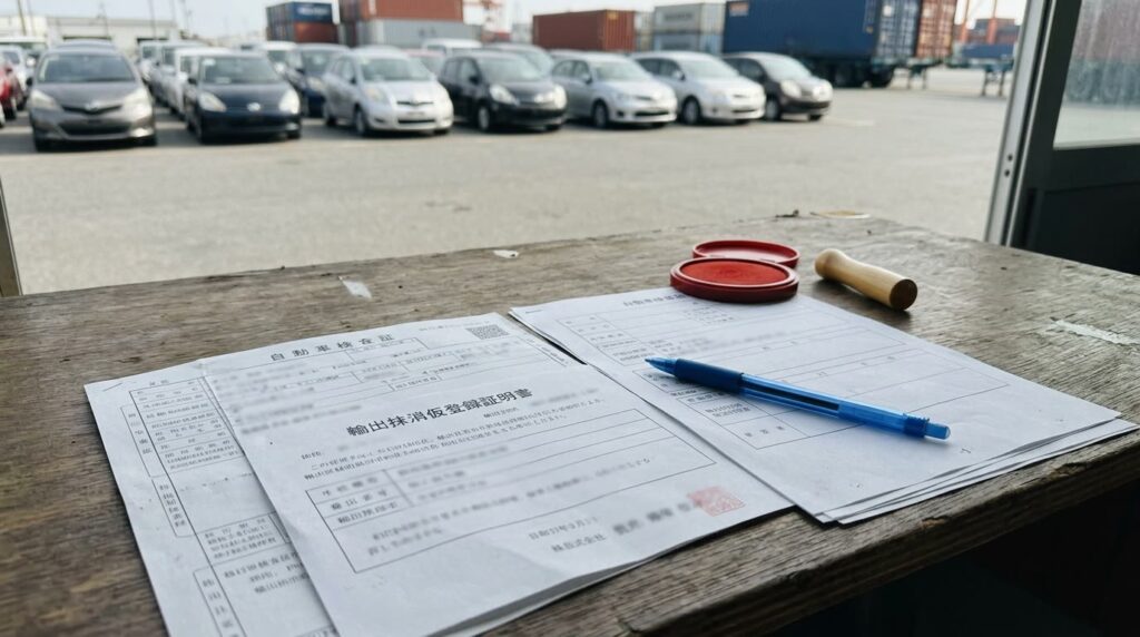 机に広げた自動車登録の書類とボールペン