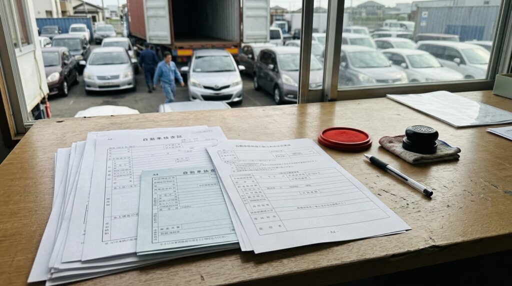 机に並べた申請書類と印鑑、ボールペン
