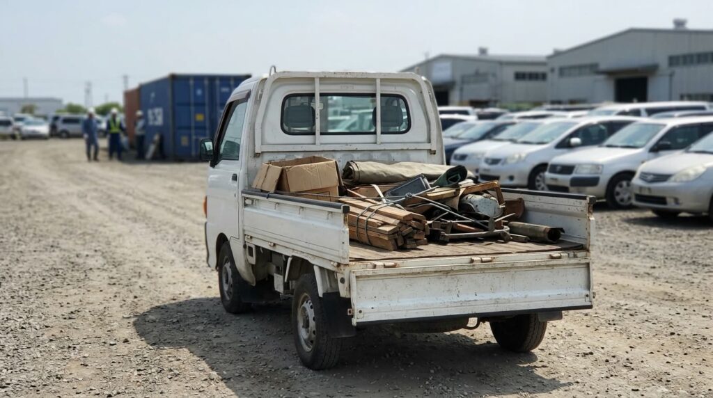 未舗装の道に停まった中古の小型トラックと積まれた資材