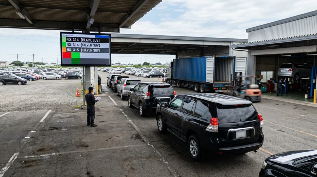オークション会場に並ぶ大型SUVと大型モニター